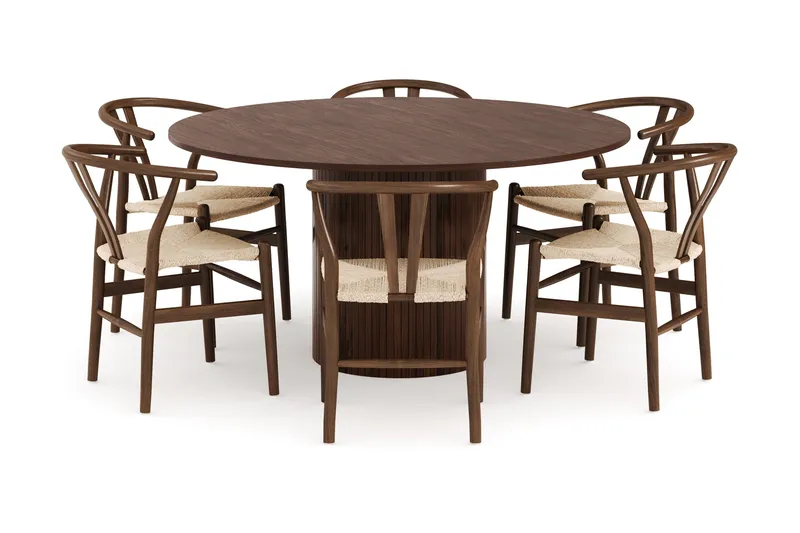 Kopparbo Matgrupp 150 cm Rund med 6 Dastoori Matstolar - Valnöt - Möbler - Bord & matgrupp - Matgrupp