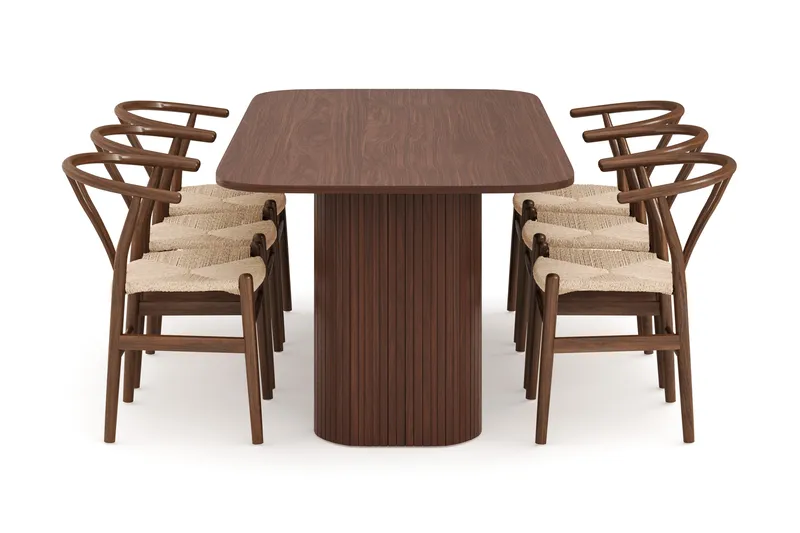 Kopparbo Matgrupp 200 cm med 6 Dastoori Matstol - 2220070-6,2223283-1 - Brun / Beige / Trä / Ribbad - Möbler - Bord & matgrupp - Matgrupp