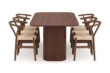 Kopparbo Matgrupp 200 cm med 6 Dastoori Matstol - Brun / Beige / Trä / Ribbad - Möbler - Bord & matgrupp - Matgrupp