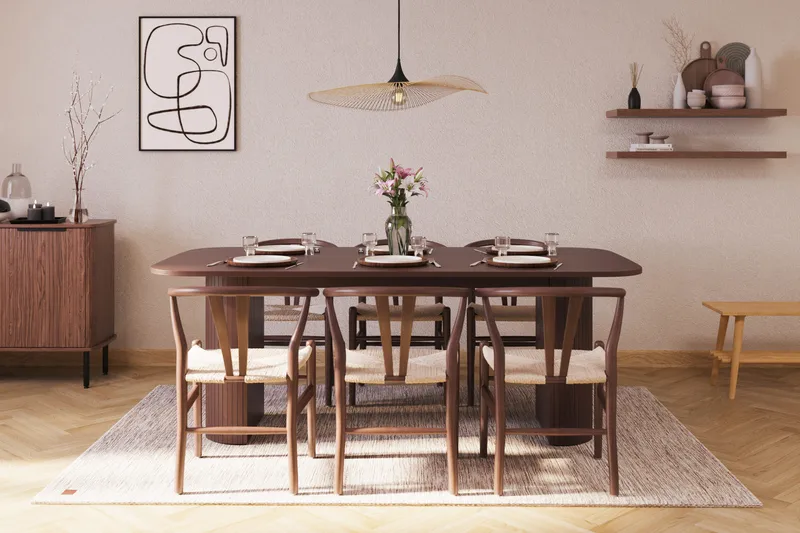 Kopparbo Matgrupp 200 cm med 6 Dastoori Matstol - Brun / Beige / Trä / Ribbad - Möbler - Bord & matgrupp - Matgrupp