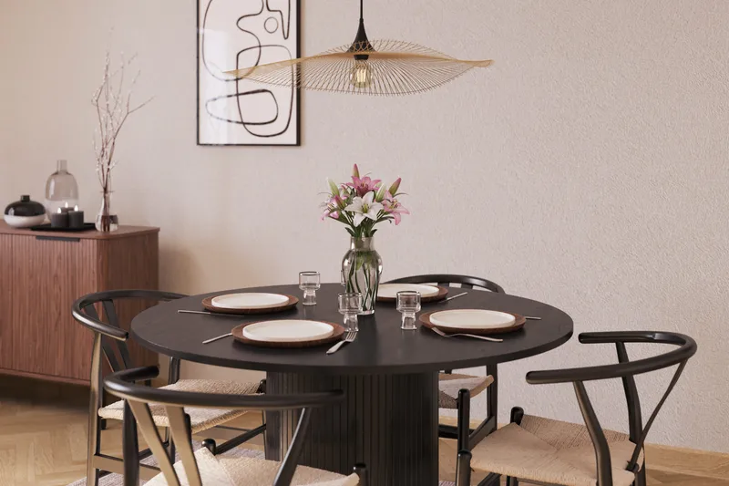 Kopparbo Matgrupp förlängningsbart 130-180 cm Rund med 4 Dastoori Matstol - 2220067-4,2229282-1 - Svart - Möbler - Bord & matgrupp - Matgrupp