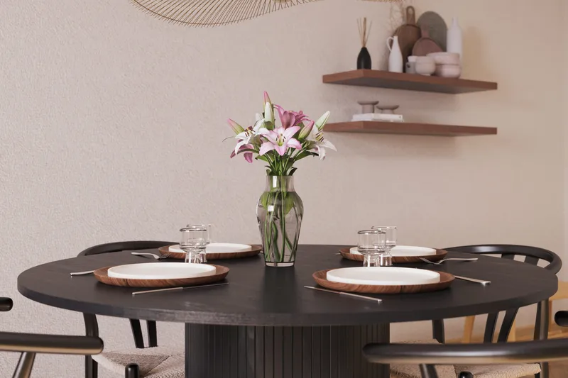 Kopparbo Matgrupp förlängningsbart 130-180 cm Rund med 4 Dastoori Matstol - 2220067-4,2229282-1 - Svart - Möbler - Bord & matgrupp - Matgrupp