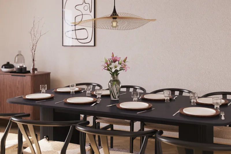 Kopparbo Matgrupp förlängningsbart 200-260 cm med 8 Dastoori Matstol - Svart - Möbler - Bord & matgrupp - Matgrupp