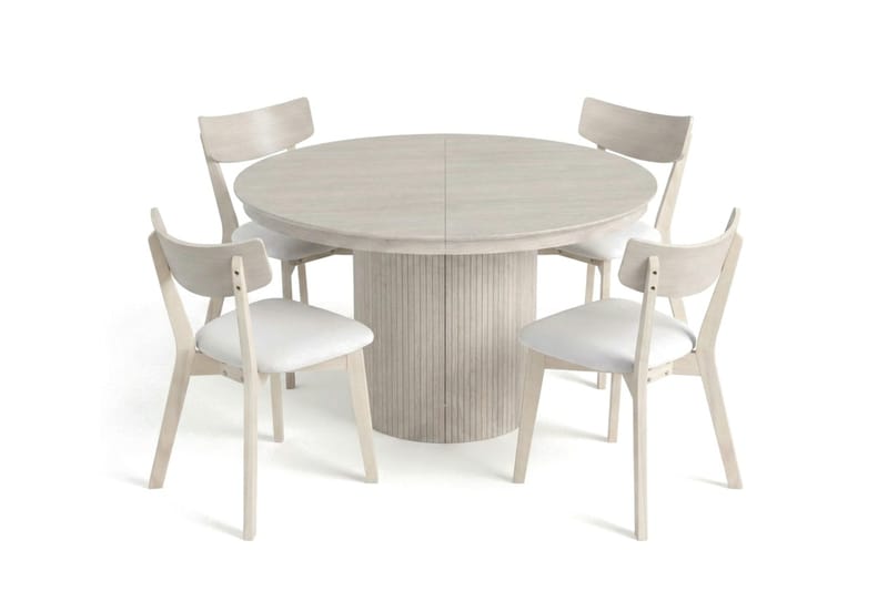 Kopparbo Matgrupp Förlängningsbart runt 120-220 cm Vitlaserad med 4 Amelia Matstolar med Dyna - Vitlaserad/Beige - Möbler - Bord & matgrupp - Matgrupp