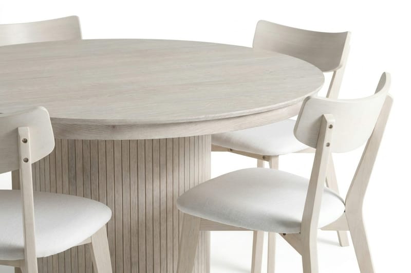 Kopparbo Matgrupp Förlängningsbart runt 120-220 cm Vitlaserad med 4 Amelia Matstolar med Dyna - Vitlaserad/Beige - Möbler - Bord & matgrupp - Matgrupp