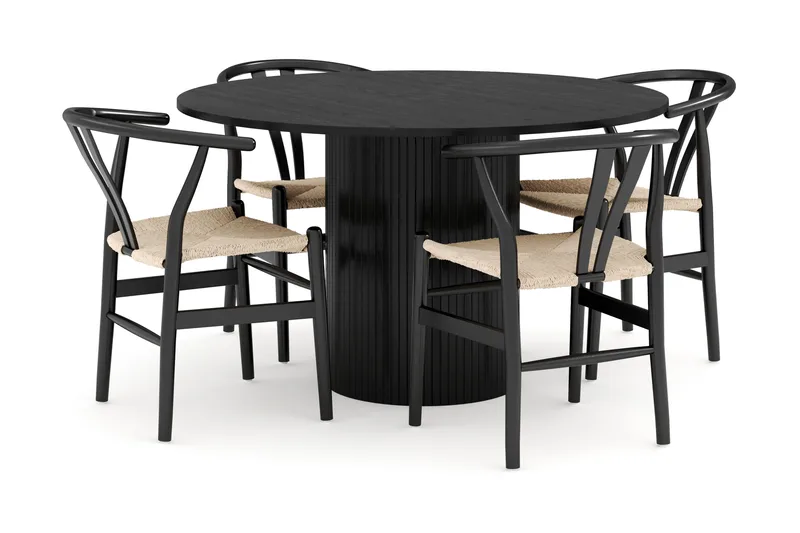 Kopparbo Matgrupp Rund 130 cm med 4 Dastoori Matstol, Svart