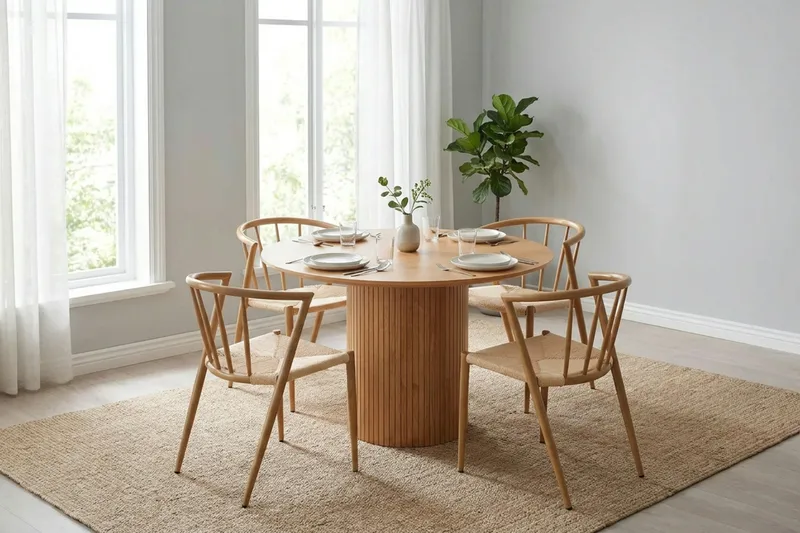Kopparbo Rund Matgrupp 110 cm – Matbord med 4 Winston Matstolar i Trä med Ekutseende - Natur - Möbler - Bord & matgrupp - Matgrupp