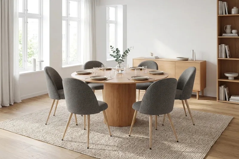 Kopparbo Rund Matgrupp 150 cm – Matbord med 6 Nibe Plus Matstolar i Trä med Ekutseende - Natur|Brun - Möbler - Bord & matgrupp - Matgrupp