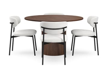 Kopparbo Runt Matbord 120 cm för 6 personer med 4 Lucy Matstolar - Mörkbrun / Vit Bouclé / Metallben Svart - Möbler - Bord & matgrupp - Matgrupp