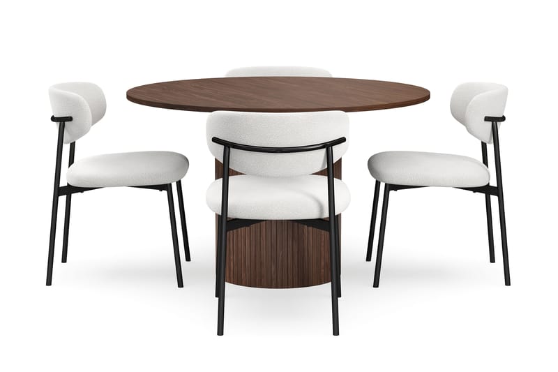 Kopparbo Runt Matbord 120 cm för 6 personer med 4 Lucy Matstolar - Mörkbrun / Vit Bouclé / Metallben Svart - Möbler - Bord & matgrupp - Matgrupp