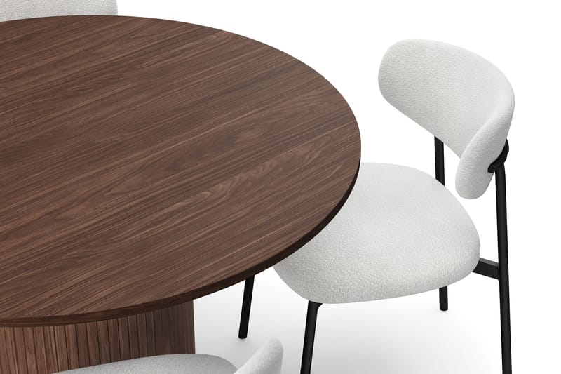 Kopparbo Runt Matbord 120 cm för 6 personer med 4 Lucy Matstolar - Mörkbrun / Vit Bouclé / Metallben Svart - Möbler - Bord & matgrupp - Matgrupp