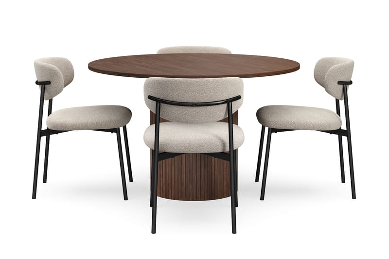 Kopparbo Runt Matbord 120 cm för 6 personer med 4 Lucy Matstolar - Mörkbrun / Greige Bouclé / Metallben Svart - Möbler - Bord & matgrupp - Matgrupp