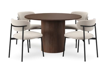 Kopparbo Runt Matbord 120 cm för 6 personer med 4 Lucy Matstolar - Mörkbrun / Greige Bouclé / Metallben Svart - Möbler - Bord & matgrupp - Matgrupp