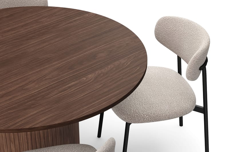 Kopparbo Runt Matbord 120 cm för 6 personer med 4 Lucy Matstolar - Mörkbrun / Greige Bouclé / Metallben Svart - Möbler - Bord & matgrupp - Matgrupp