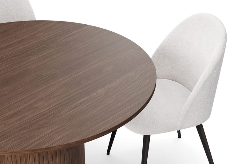 Kopparbo Runt Matbord 120 cm för 6 personer med 4 Nibe Plus Matstolar - Mörkbrun / Vit Bouclé / Metallben Valnöt - Möbler - Bord & matgrupp - Matgrupp