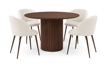 Kopparbo Runt Matbord 120 cm för 6 personer med 4 Greya Matstolar med armstöd - Mörkbrun / Vit Bouclé / Metallben Valnöt - Möbler - Bord & matgrupp - Matgrupp