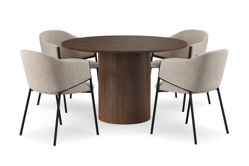 Kopparbo Runt Matbord 120 cm med 4 Filip Matstolar, Mörkbrun / Taupe Bouclé