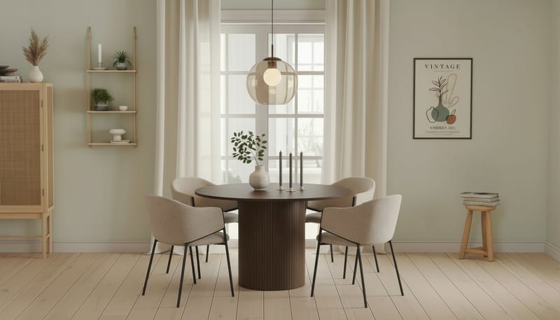 Kopparbo Runt Matbord 120 cm med 4 Filip Matstolar - Mörkbrun / Taupe Bouclé - Möbler - Bord & matgrupp - Matgrupp