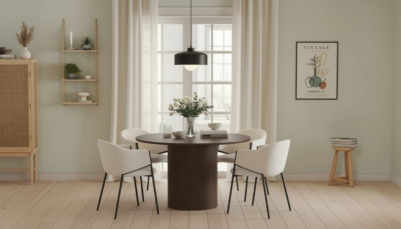 Kopparbo Runt Matbord 120 cm med 4 Filip Matstolar - Mörkbrun / Vit Bouclé - Möbler - Bord & matgrupp - Matgrupp