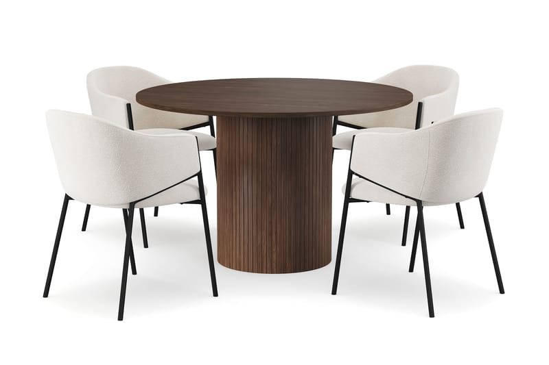 Kopparbo Runt Matbord 120 cm med 4 Filip Matstolar, Mörkbrun / Vit Bouclé