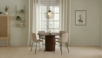 Kopparbo Runt Matbord 120 cm med 4 Katy Matstolar - Mörkbrun / Greige Bouclé / Metallben Svart - Möbler - Bord & matgrupp - Matgrupp