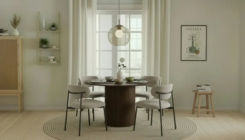 Kopparbo Runt Matbord 120 cm med 4 Lucy Matstolar - Mörkbrun / Greige Bouclé / Metallben Svart - Möbler - Bord & matgrupp - Matgrupp