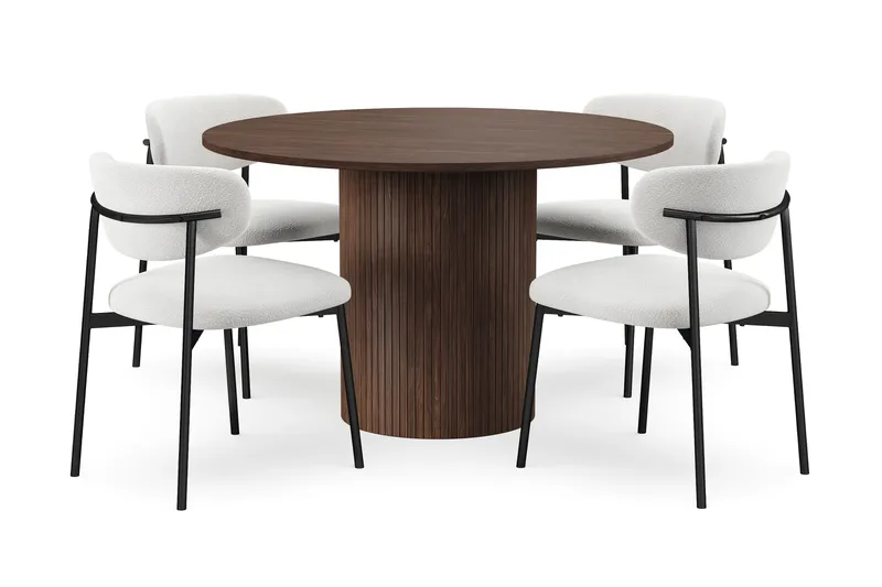 Kopparbo Runt Matbord 120 cm med 4 Lucy Matstolar, Mörkbrun / Vit Bouclé / Metallben Svart