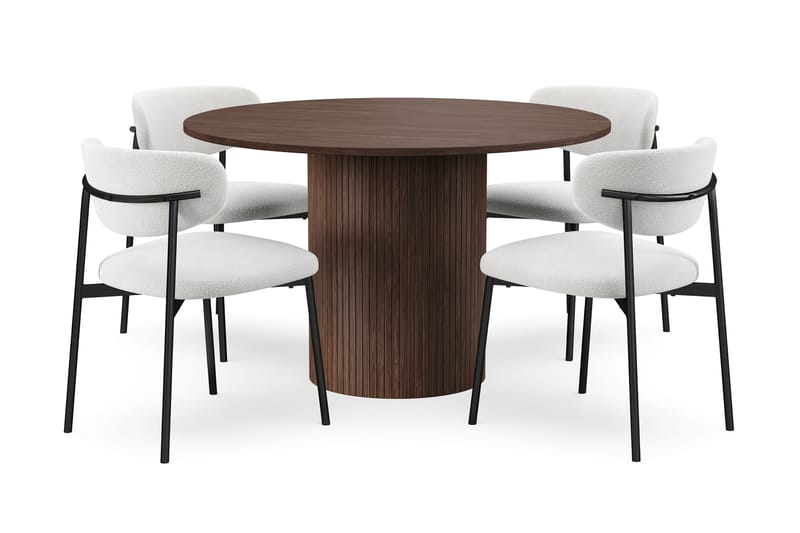 Kopparbo Runt Matbord 120 cm med 4 Lucy Matstolar, Mörkbrun / Vit Bouclé / Metallben Svart