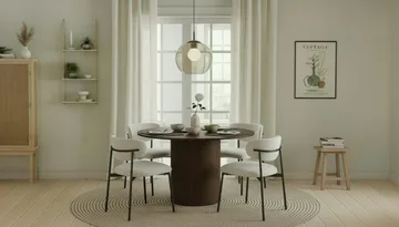 Kopparbo Runt Matbord 120 cm med 4 Lucy Matstolar - Mörkbrun / Vit Bouclé / Metallben Svart - Möbler - Bord & matgrupp - Matgrupp