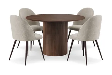 Kopparbo Runt Matbord 120 cm med 4 Nibe Plus Matstolar - Mörkbrun / Greige Bouclé / Metallben Valnöt - Möbler - Bord & matgrupp - Matgrupp