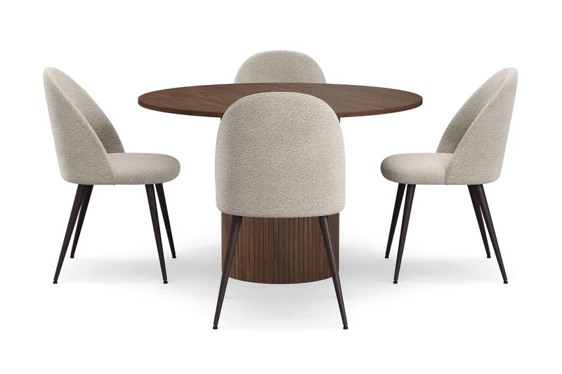 Kopparbo Runt Matbord 120 cm med 4 Nibe Plus Matstolar - Mörkbrun / Greige Bouclé / Metallben Valnöt - Möbler - Bord & matgrupp - Matgrupp