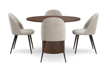 Kopparbo Runt Matbord 120 cm med 4 Nibe Plus Matstolar - Mörkbrun / Greige Bouclé / Metallben Valnöt - Möbler - Bord & matgrupp - Matgrupp