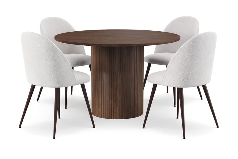 Kopparbo Runt Matbord 120 cm med 4 Nibe Plus Matstolar, Mörkbrun / Vit Bouclé / Metallben Valnöt