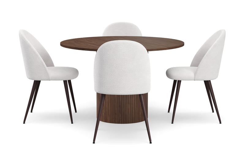 Kopparbo Runt Matbord 120 cm med 4 Nibe Plus Matstolar - Mörkbrun / Vit Bouclé / Metallben Valnöt - Möbler - Bord & matgrupp - Matgrupp