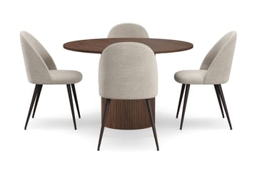 Kopparbo Runt Matbord 120 cm med 4 Nibe Plus Matstolar - Mörkbrun / Greige Bouclé / Metallben Valnöt - Möbler - Bord & matgrupp - Matgrupp