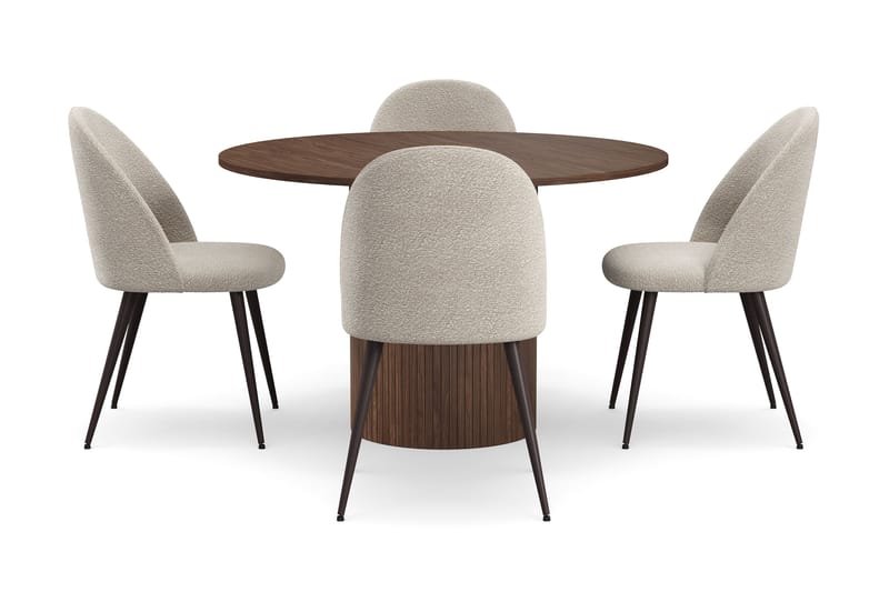 Kopparbo Runt Matbord 120 cm med 4 Nibe Plus Matstolar - Mörkbrun / Greige Bouclé / Metallben Valnöt - Möbler - Bord & matgrupp - Matgrupp
