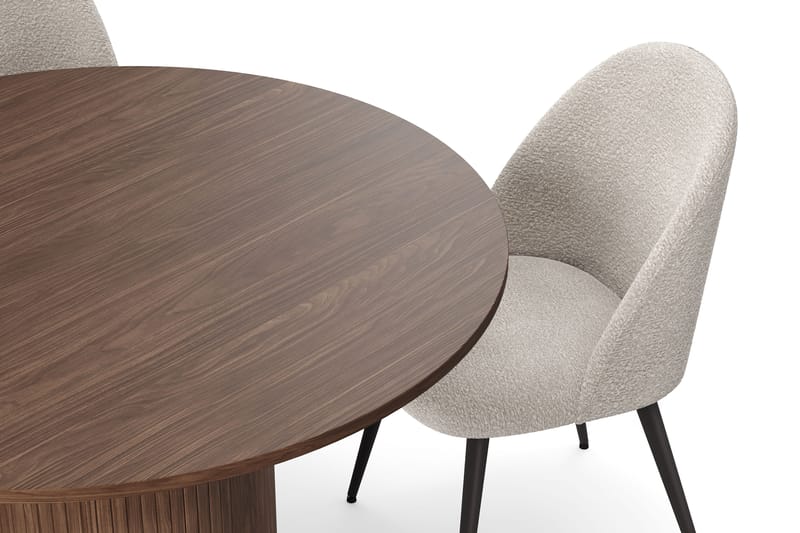 Kopparbo Runt Matbord 120 cm med 4 Nibe Plus Matstolar - Mörkbrun / Greige Bouclé / Metallben Valnöt - Möbler - Bord & matgrupp - Matgrupp