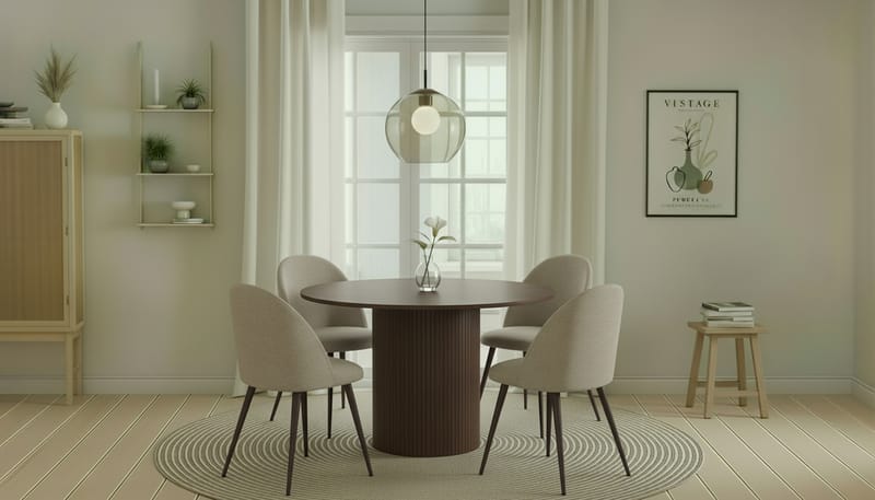 Kopparbo Runt Matbord 120 cm med 4 Nibe Plus Matstolar - Mörkbrun / Greige Bouclé / Metallben Valnöt - Möbler - Bord & matgrupp - Matgrupp