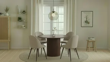 Kopparbo Runt Matbord 120 cm med 4 Nibe Plus Matstolar - Mörkbrun / Greige Bouclé / Metallben Valnöt - Möbler - Bord & matgrupp - Matgrupp