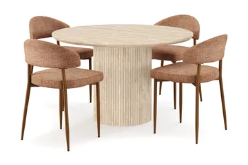 Kopparbo Runt Matbord 120cm Travetin utseende med 4 st Jairam Matstolar - Beige - Möbler - Bord & matgrupp - Matgrupp