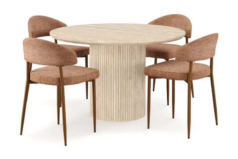 Kopparbo Runt Matbord 120cm Travetin utseende med 4 st Jairam Matstolar - Beige - Möbler - Bord & matgrupp - Matgrupp