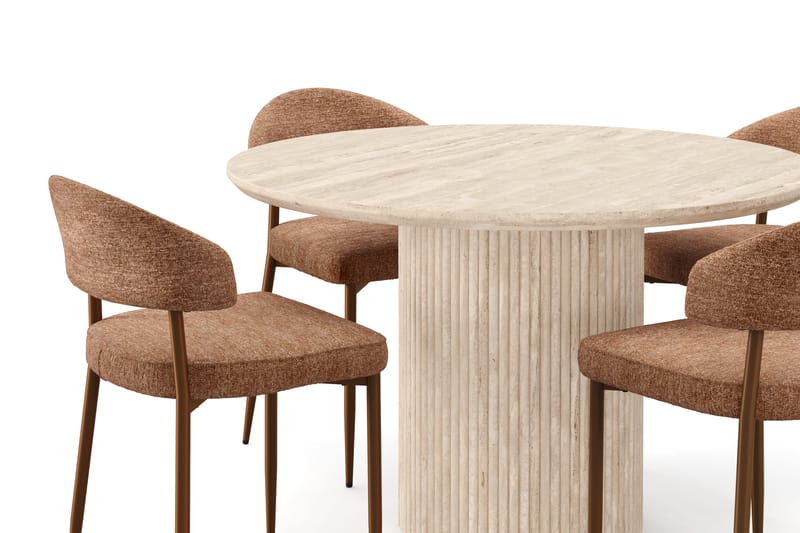 Kopparbo Runt Matbord 120cm Travetin utseende med 4 st Jairam Matstolar - Beige - Möbler - Bord & matgrupp - Matgrupp