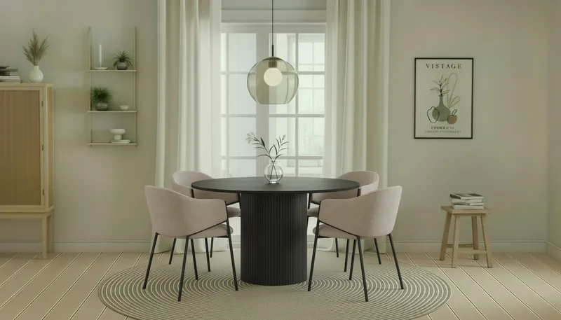 Kopparbo Runt Matbord 130 cm med 4 Filip Matstolar - Svart trä / Taupe Bouclé - Möbler - Bord & matgrupp - Matgrupp