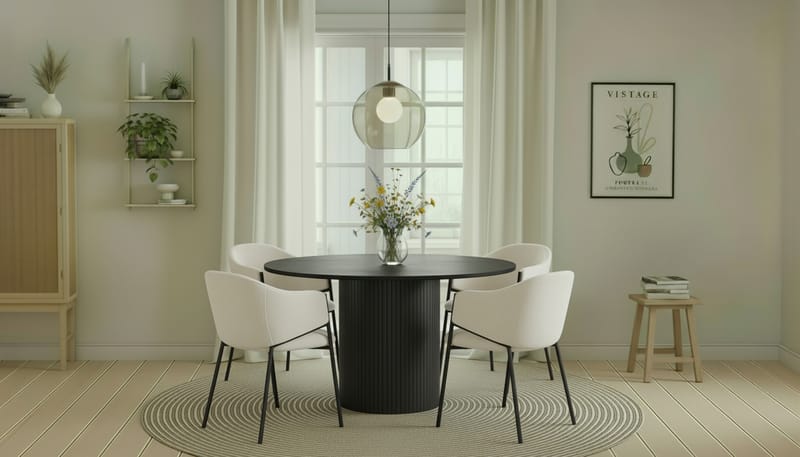 Kopparbo Runt Matbord 130 cm med 4 Filip Matstolar - Svart trä / Vit Bouclé - Möbler - Bord & matgrupp - Matgrupp