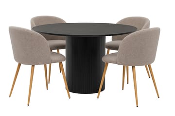 Kopparbo Runt Matbord 130 cm med 4 Greya Matstolar med armstöd - Svart trä / Greige Bouclé / Metallben Ek - Möbler - Bord & matgrupp - Matgrupp
