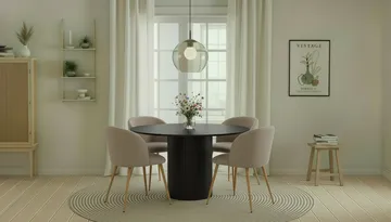 Kopparbo Runt Matbord 130 cm med 4 Greya Matstolar med armstöd - Svart trä / Greige Bouclé / Metallben Ek - Möbler - Bord & matgrupp - Matgrupp