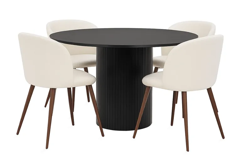 Kopparbo Runt Matbord 130 cm med 4 Greya Matstolar med armstöd, Svart trä / Vit Bouclé / Metallben Valnöt