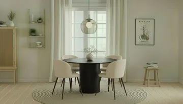 Kopparbo Runt Matbord 130 cm med 4 Greya Matstolar med armstöd - Svart trä / Vit Bouclé / Metallben Valnöt - Möbler - Bord & matgrupp - Matgrupp