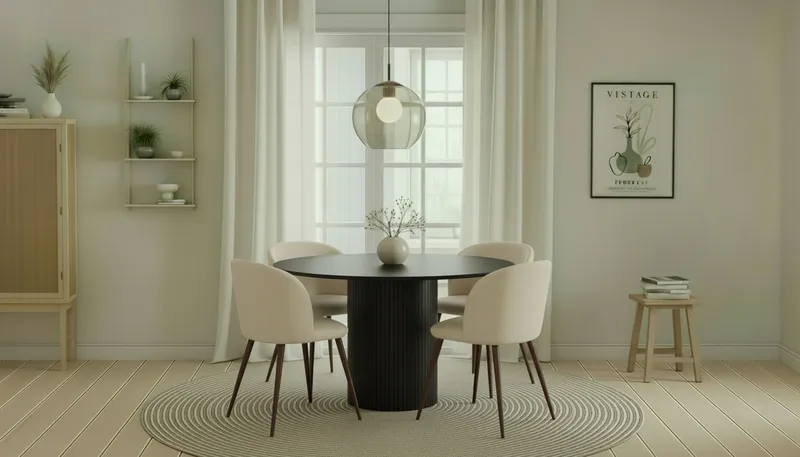 Kopparbo Runt Matbord 130 cm med 4 Greya Matstolar med armstöd - Svart trä / Vit Bouclé / Metallben Valnöt - Möbler - Bord & matgrupp - Matgrupp