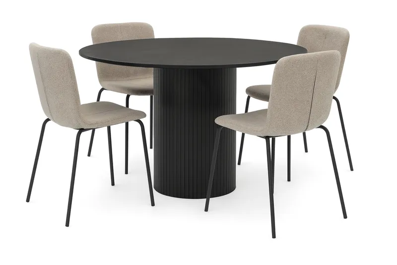 Kopparbo Runt Matbord 130 cm med 4 Katy Matstolar, Svart trä / Greige Bouclé / Metallben Svart